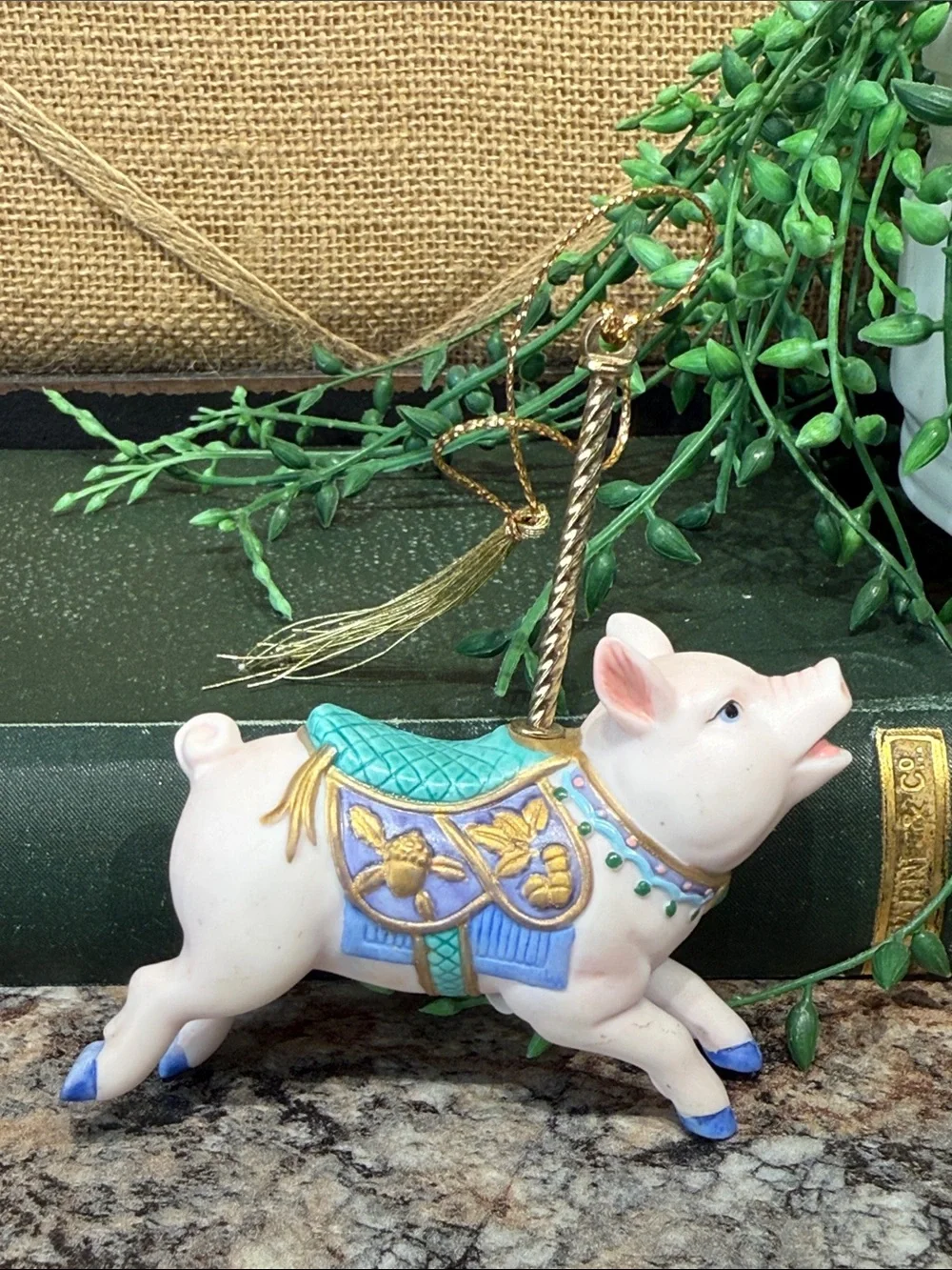 Lenox Pink Pig Carousel Ornament with Teal Saddle and Gold Trim